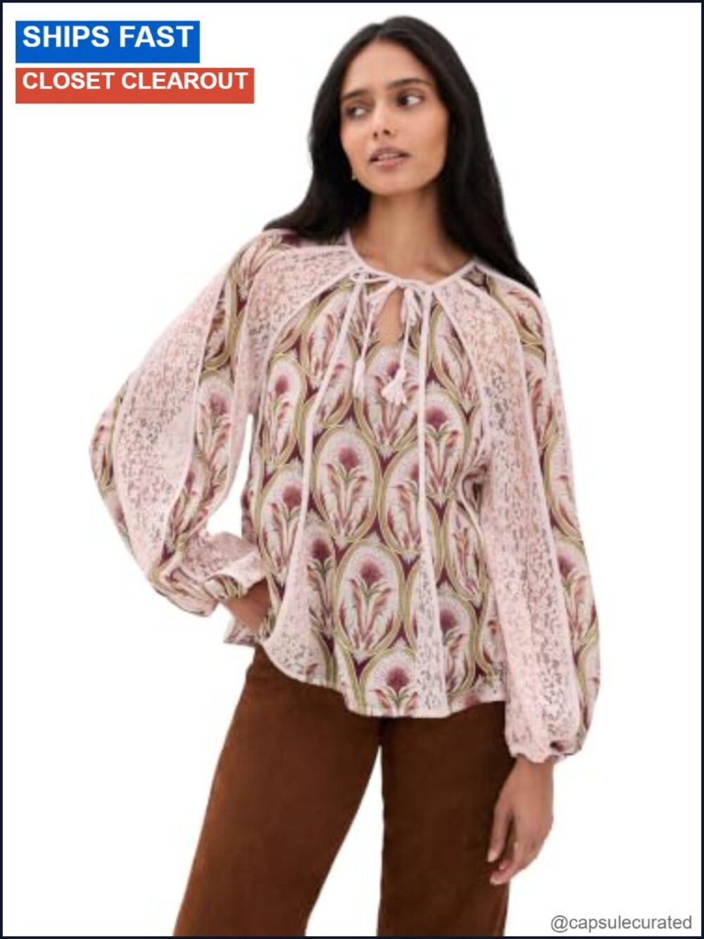 FARM Rio Women's Birds Tree Blouse - Lightweight Crepe V-Neck Tassel Top